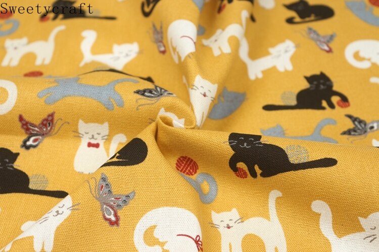 Tela de algodón de 100% gruesa de 110x45cm por yarda, tela estampada con Gato de dibujos animados para manualidades, tela de retales de costura hecha a mano, decoración bordada con aguja