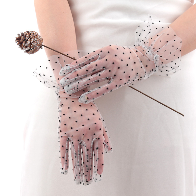 Gants en dentelle Sexy pour femmes, mitaines courtes en Tulle à pois transparents, pour Club, bal de promo, danse, robe blanche en résille, gant respirant: WHITE