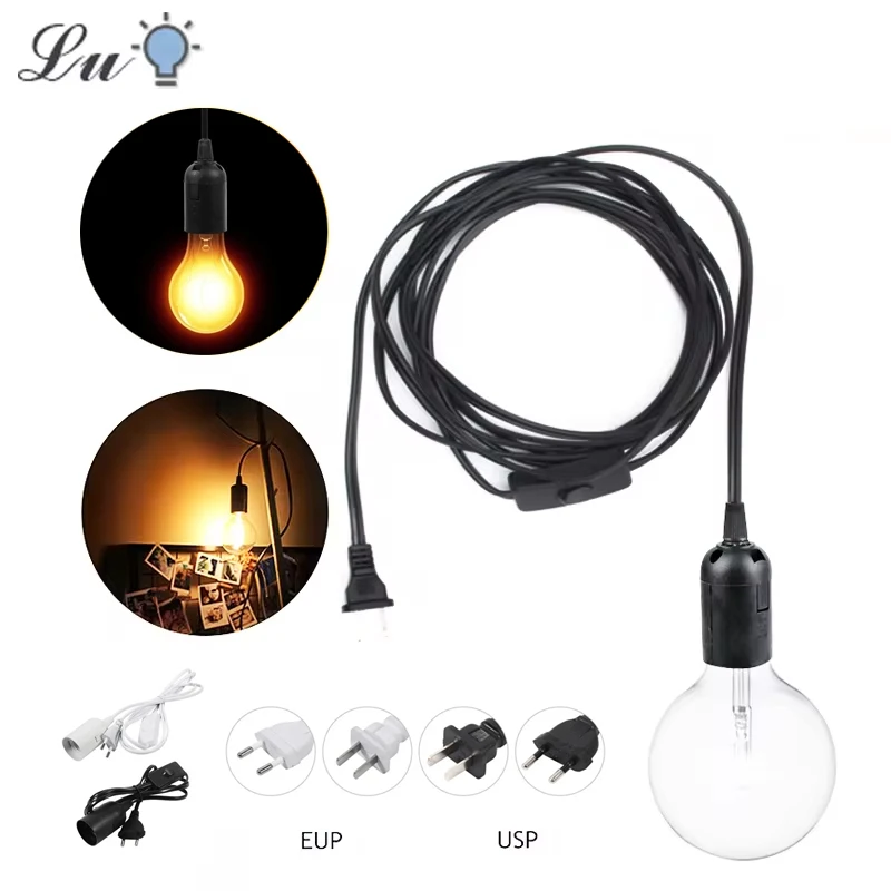 Portalámparas E27, luz colgante, cable de alimentación de 1,8 m, adaptador de enchufe UE/EE. UU. con cable de interruptor, utilizado para fijar enchufes, blanco, negro
