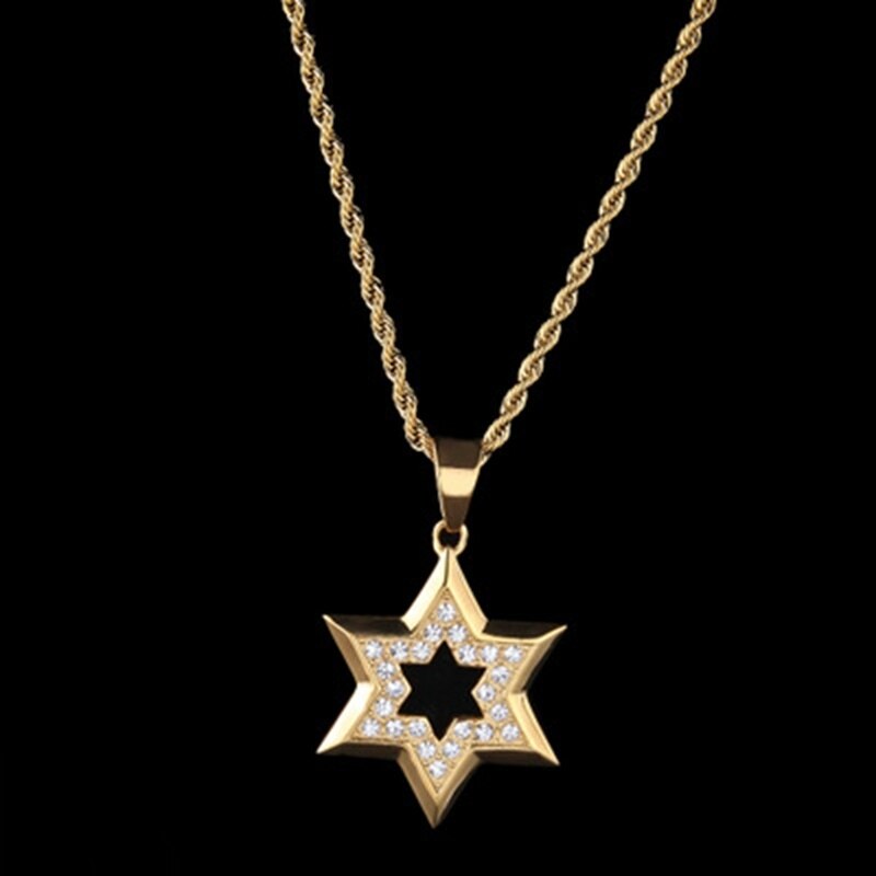 Star Stainless Steel Rhinestone Pendant Hexagonal Star Pendant Hip Hop Men Accessory Necklace