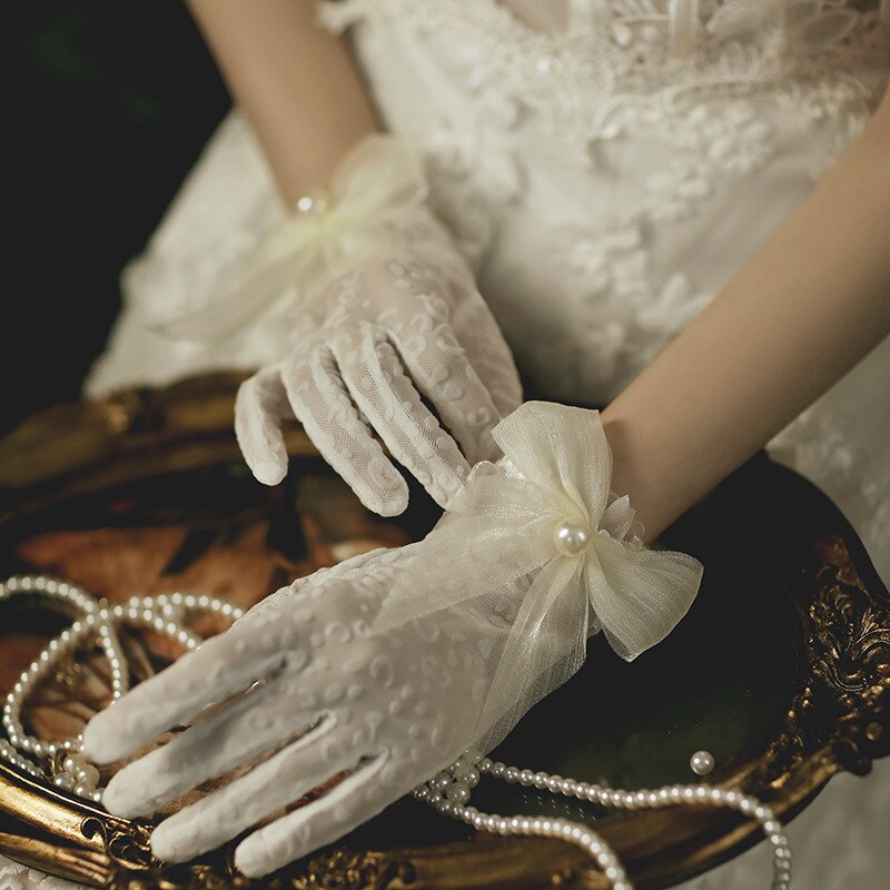 Guantes de encaje de dedo blanco corto para dama de honor, manoplas de actuación para de baile, boda, dama de honor,
