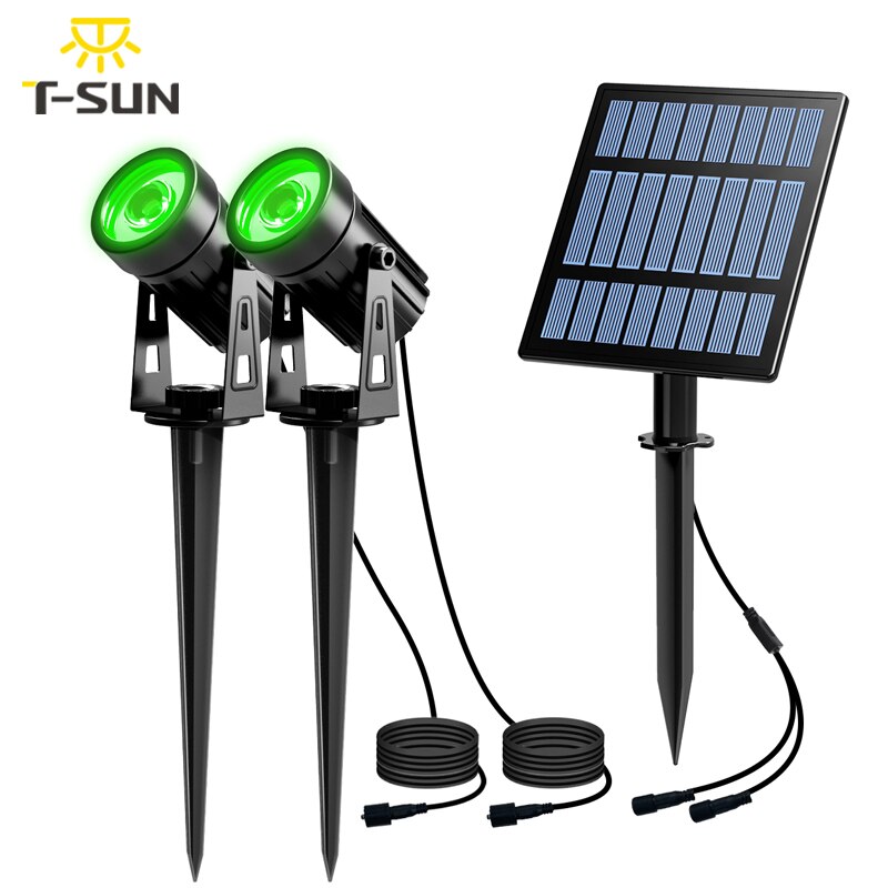 T-SUNRISE Solar Light LED Green Landscape Lamp Two Spotlights with Solar Panel Outdoor Garden Light Courtyard Decoration IP65