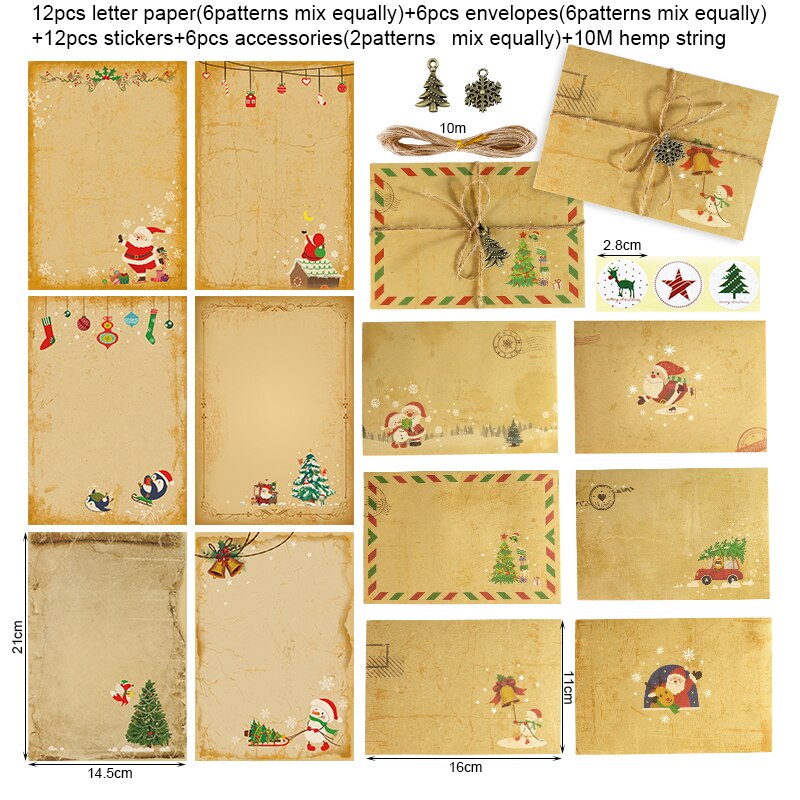6Sets Christmas Kraft Letter Pad Envelope Retro Santa Claus Letter Paper Xmas Party Invitation Envelope with Accessories: Pattern2