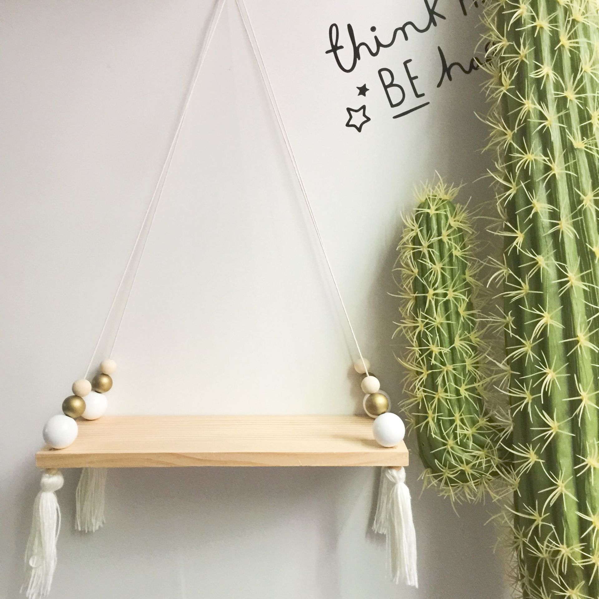 Wall Hanging Handmade Wood Rope Swing Storage Rack Kids Room Storage Holder Floating Display Shelves Wall Decoration: White
