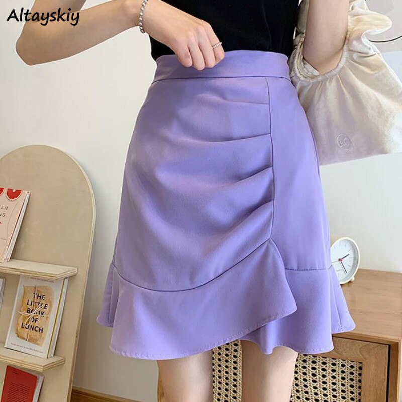 Jupe trompette à volants irréguliers pour femme, tenue de bureau, couleur unie, violet, noir, Style coréen, tendance, classique, portefeuille, moulante