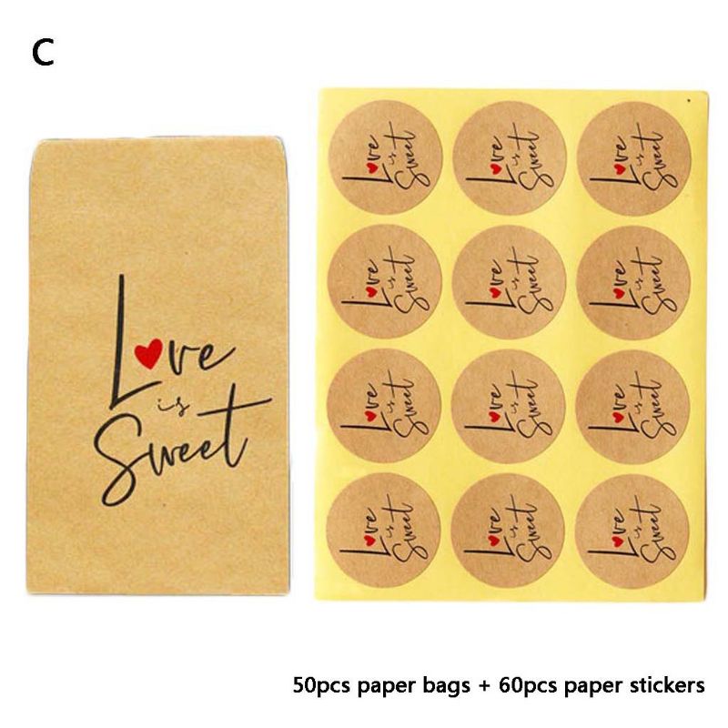50pcs Kraft Paper Bag with 60pcs Thank You Round Label Stickers for Candy Package Bags Wedding Party Favors Suplies: C