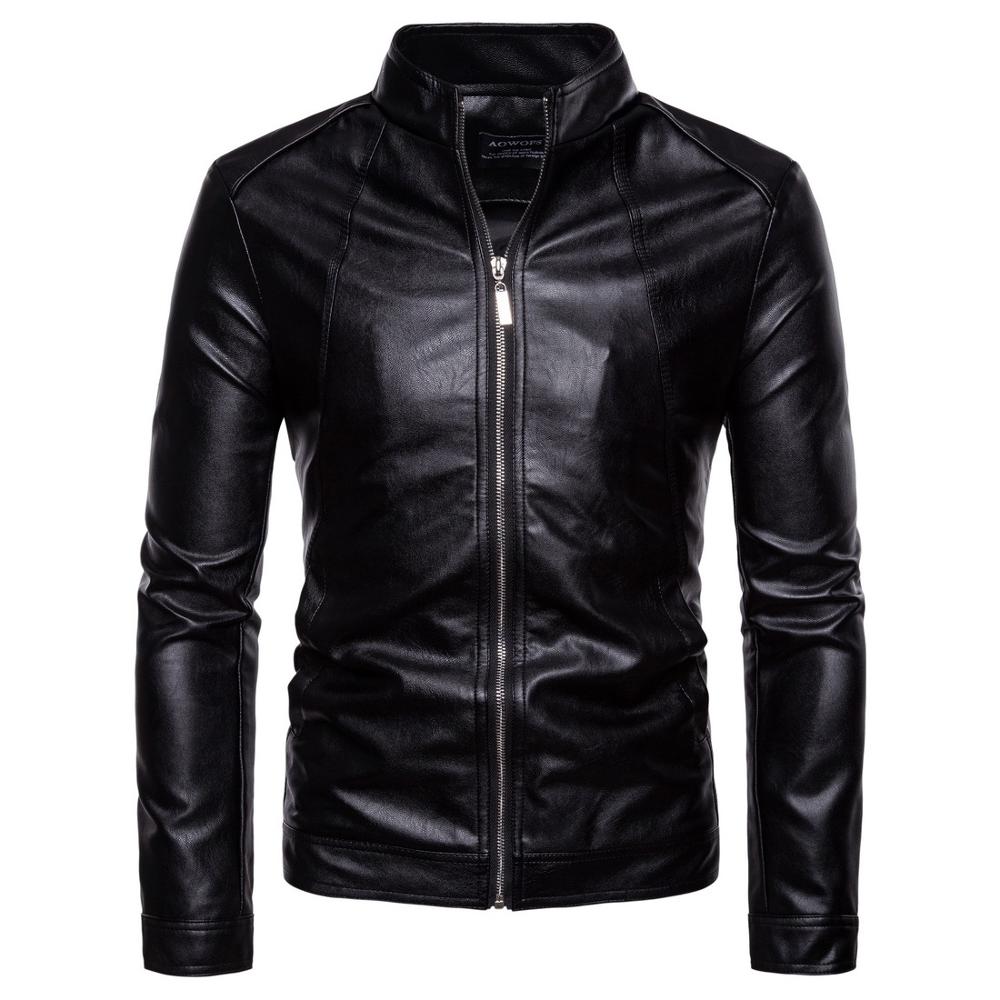 AKSR hommes veste en cuir col montant recadrée diagonale fermeture éclair Style Punk décontracté mince veste fausse fourrure manteau hommes taille chaude M-4XL: B041 black / XXXL