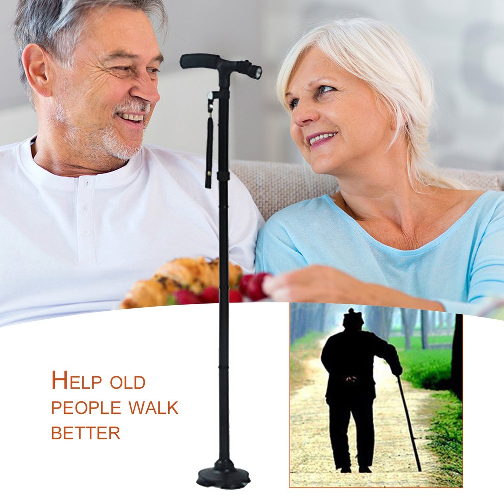 LED Light Safety Walking Stick For Old Man Folding Trekking Poles T-handle Hiking Poles Cane Walking Stick For Elders Crutch