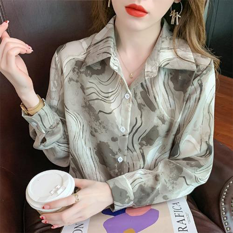 Spring Autumn Lapel Vintage Tie Dye Blouse Femme Long Sleeve Single Breasted Print Chiffon Shirt All-match Casual Blusa: S / Coffee