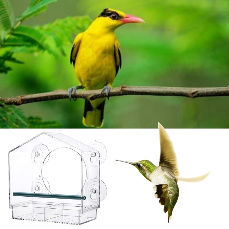 Acrylic Window Bird Feeder Strong Suction Cups Weatherproof with Shield Roof Drain Holes Outdoor Clear Bird House