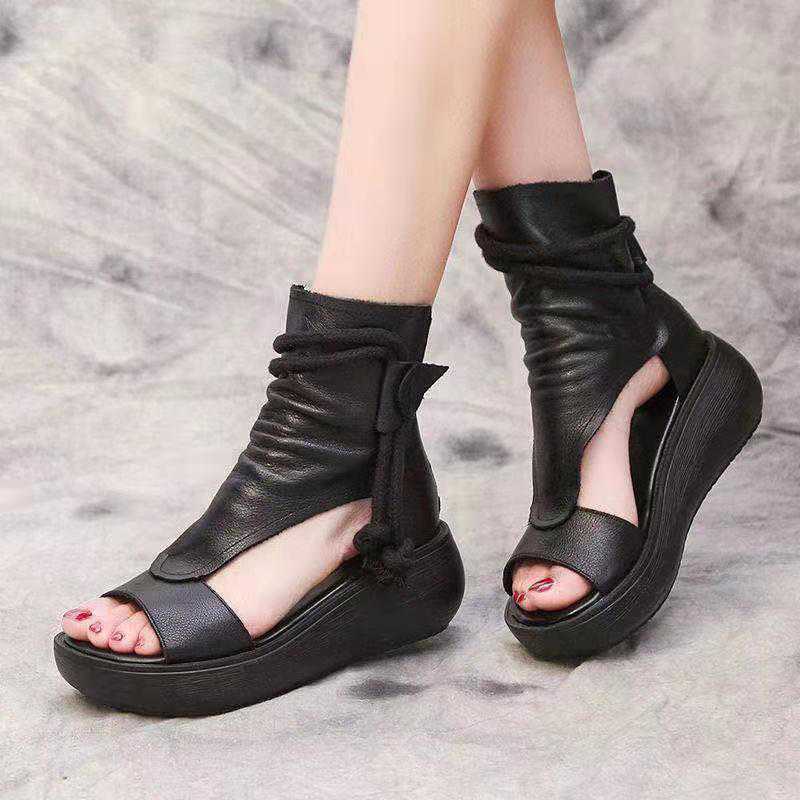 Sandales en cuir confortables pour femmes, bottes Cool à plate-forme, chaussures d'extérieur à la , semelles compensées, augmente la hauteur, chaussures à bout ouvert, été, 2022