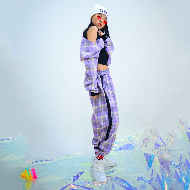 Jazz dans kostumer lilla plaid hiphop jakkesæt piger jazz street dance tøj børn hip hop træningstøj dqs 5556