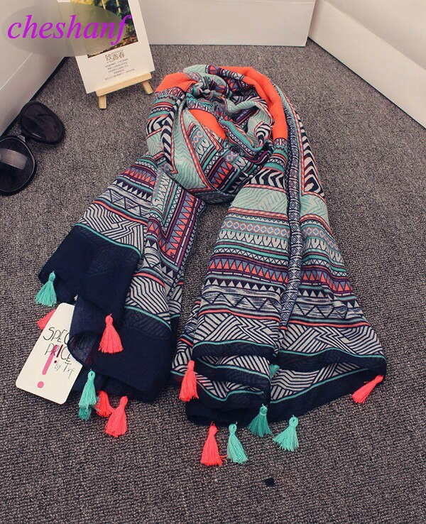 Cheshanf-Pañuelo étnico para la cabeza para mujer, hiyab de , bufandas de estilo español, estilo Hippie bohemio, con patrón geométrico, borlas,