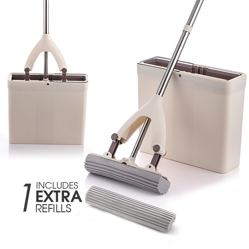 Cubo de fregona y mopa de esponja con cabezales de esponja de repuesto, mopa de esponja PVA, súper absorbente, fácil limpieza para suelos de madera dura