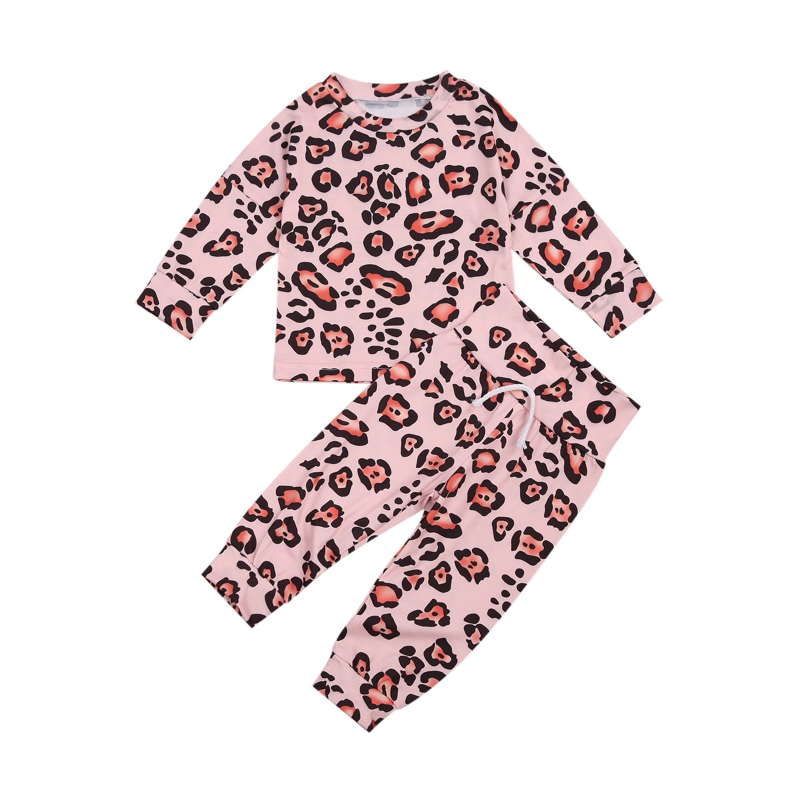 Nyfødte spædbarn baby piger drenge pyjamasæt leopard langærmet nattøj efterår fjedre blødt søvn sæt: Lyserød / 6-12m