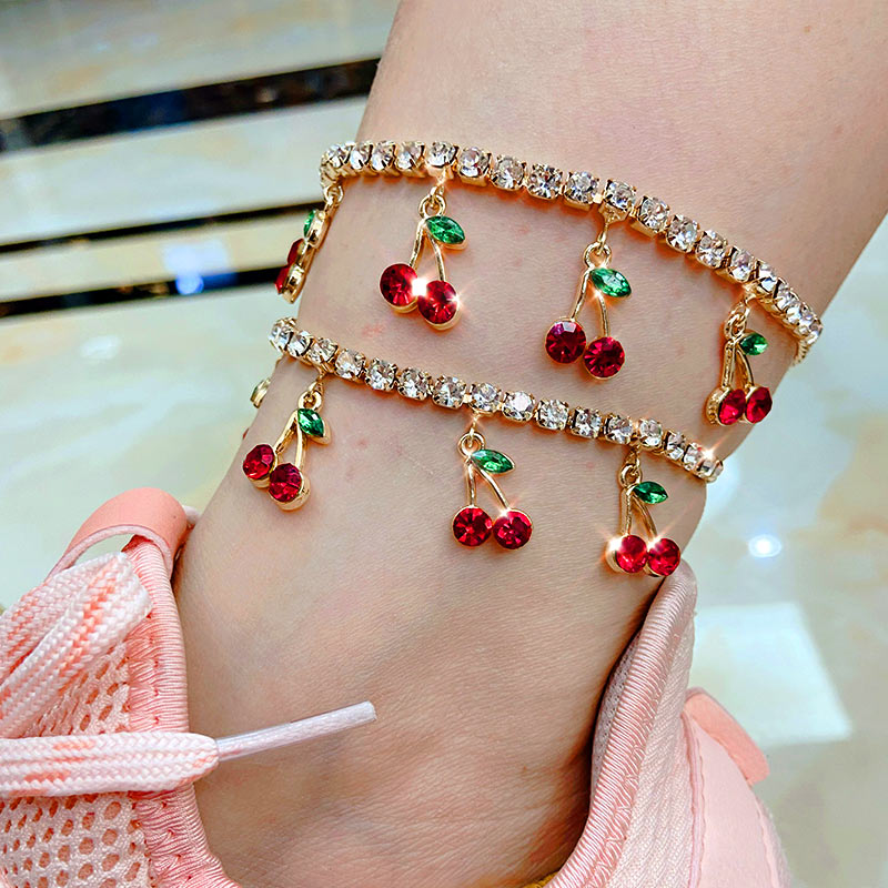 Flatfoosie Trendy Sweet Cherry Crystal Anklet for Women Gold Silver Color Bling Rhinestone Anklet Boho Summer Foot Jewelry