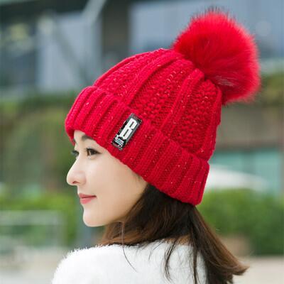 Neck warm Balaclava knitted winter hat Big Fur pom poms ball Knitted hats scarf set women Beanie Hat thick Skullies female cap: hat red