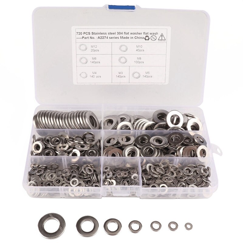 720PCS Stainless Steel Flat Washers Hardware Set 7 Sizes M3 M4 M5 M6 M8 M10 M12