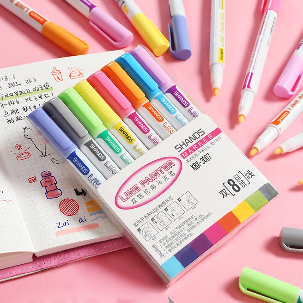 8 farver / sæt dobbelt linie omrids pen studerende highlighter sølv skinnende glød pen til kort skrivning tegning papirvarer