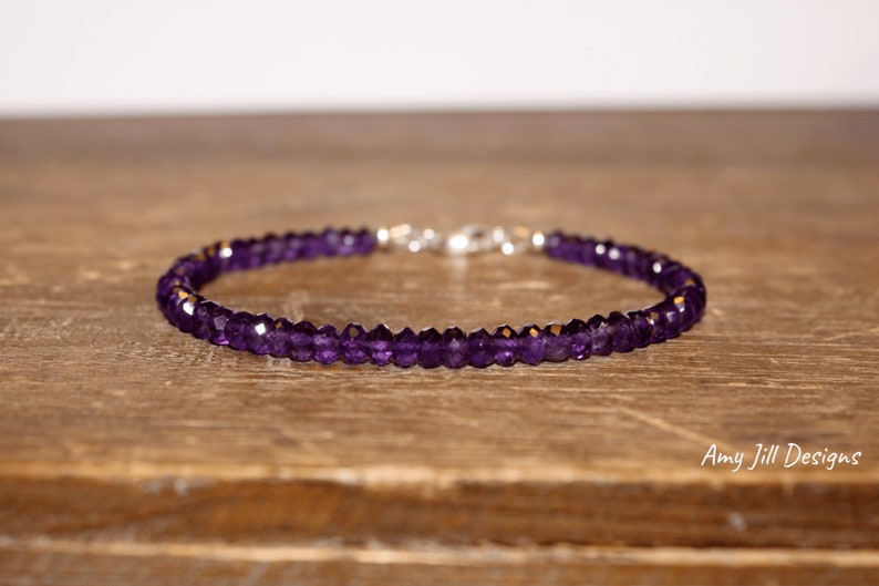 Amethist armband, Amethist sieraden, februari geboortesteen, sterling zilveren kralen, paarse edelsteen