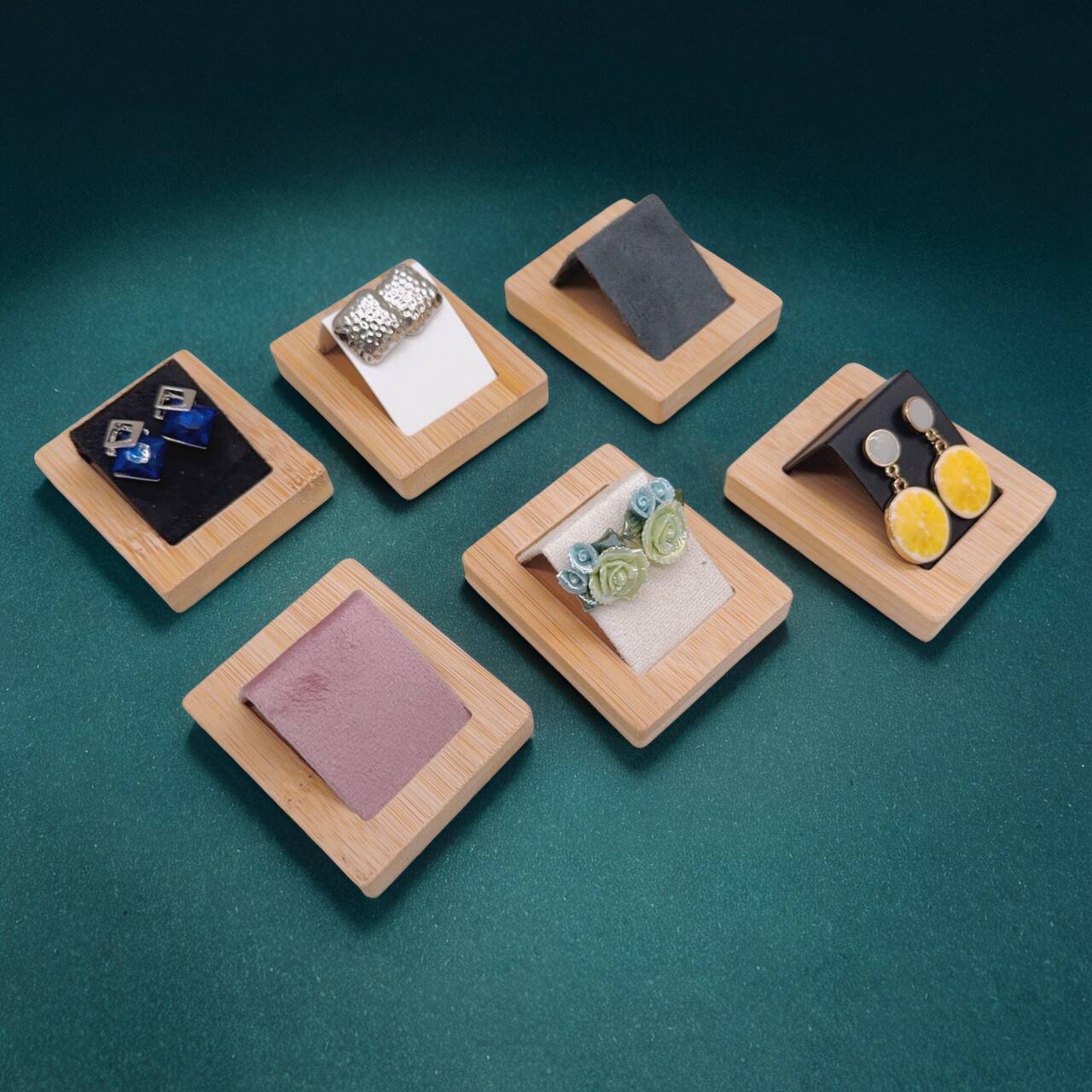 Bamboo Wood Earrings Display Stand DIY Velvet PU Leather Jewelry Storage Tray for Window Counter Props Show