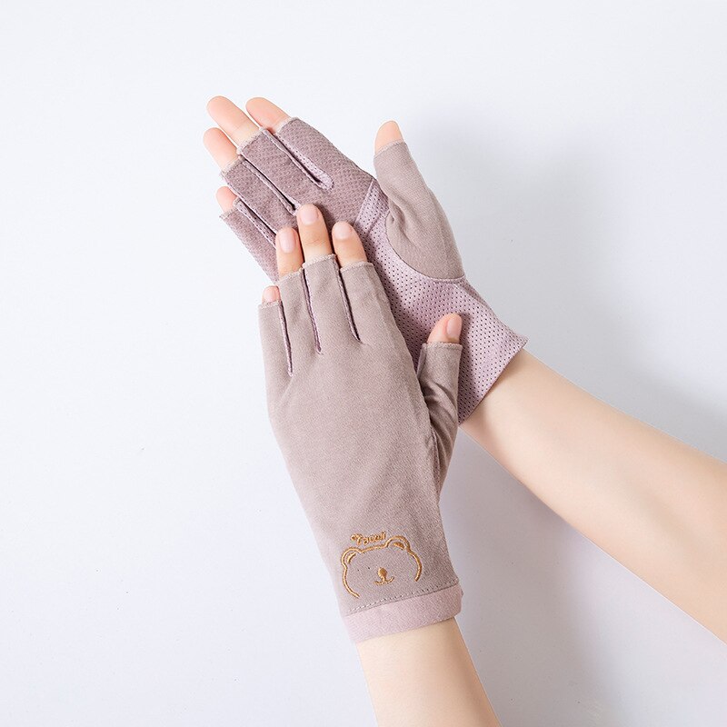Summer Women Cotton Sunscreen Touch Screen Anti-UV Non-Slip Breathable Cute Lovely Drive Cycling Half Finger Gloves: Bean Paste