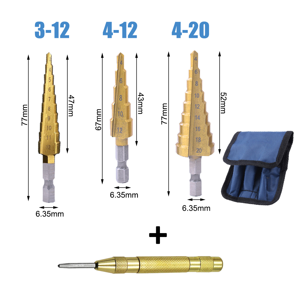 DIZAINLIFE HSS Cobalt Twist Step Drill Bit Set Cone Pagoda Shape Wood Metal Hole Cutter Drilling Titanium Coated Core Drill Bit: 4 PCS With Bag A