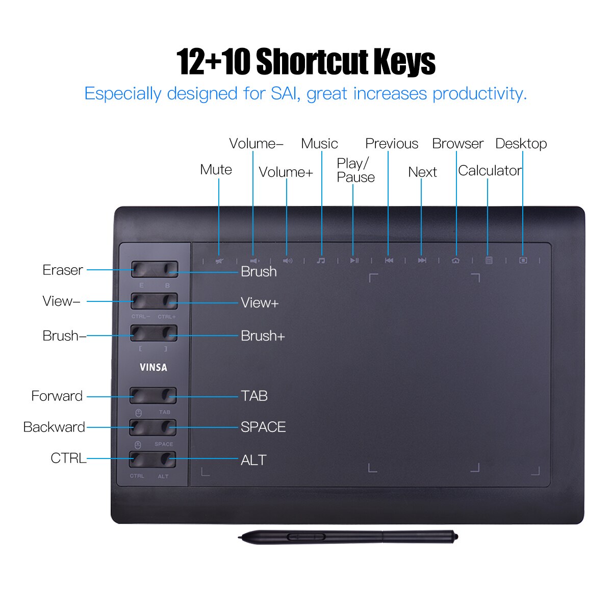 10 Inch Tableta Grafica Graphic Tablet Drawing Tablet 12 Express-Keys With 8192 Levels Battery-Free Stylus Holder