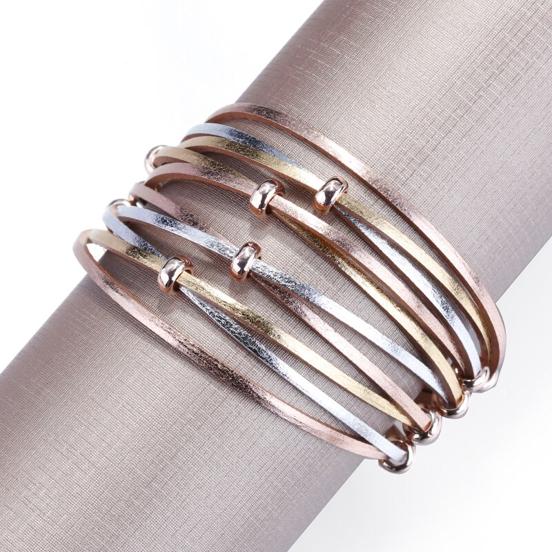 Amorcome Simple Boho Cross Net Hole Leather Bracelets for Women Crystal Metal Beads Multilayer Wide Wrap Bracelet Female Jewelry