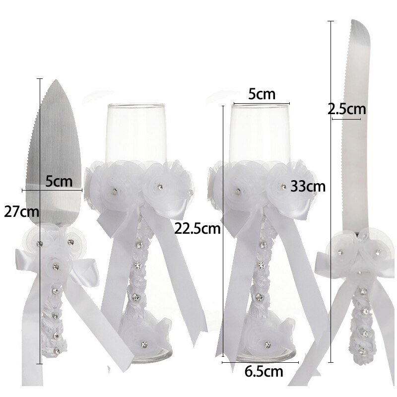 4 Pcs Wedding Supplies Cake Knife Pie Server Set and Champagne Glasses Engagement Anniversary Party Bride and Groom Show Decor