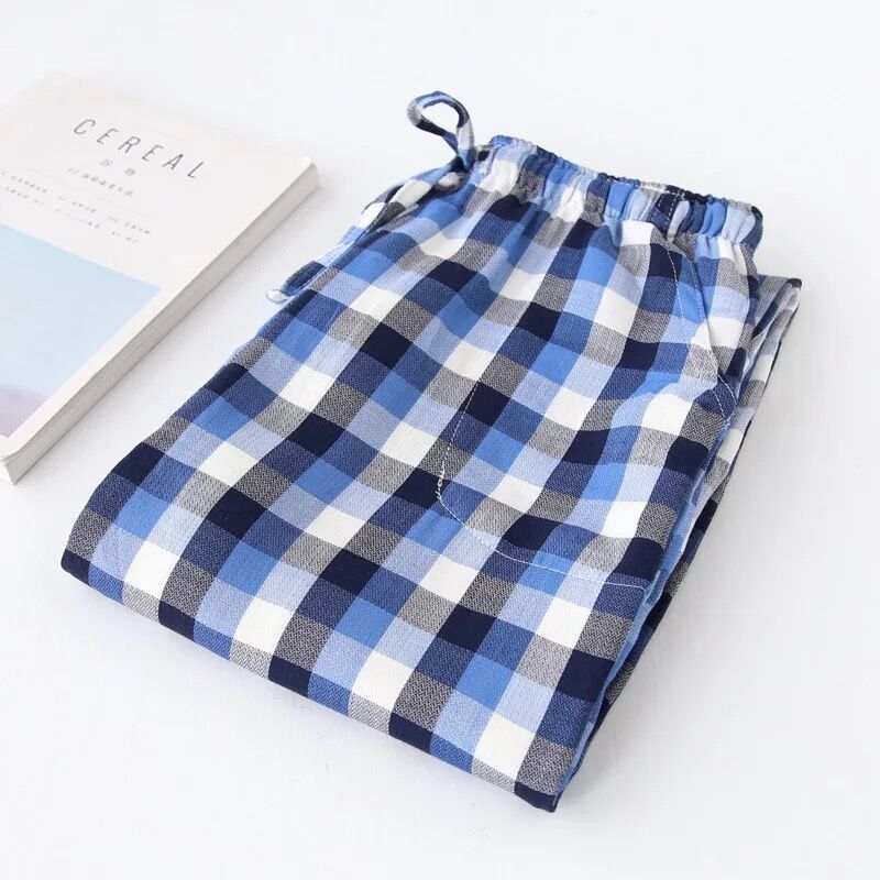 Plus Size Cotton Plaid Men Sleep Bottoms Comfort Pajama Simple Loose Sleepwear Pants Pijamas Male Sheer Pyjama Trouser Homewear