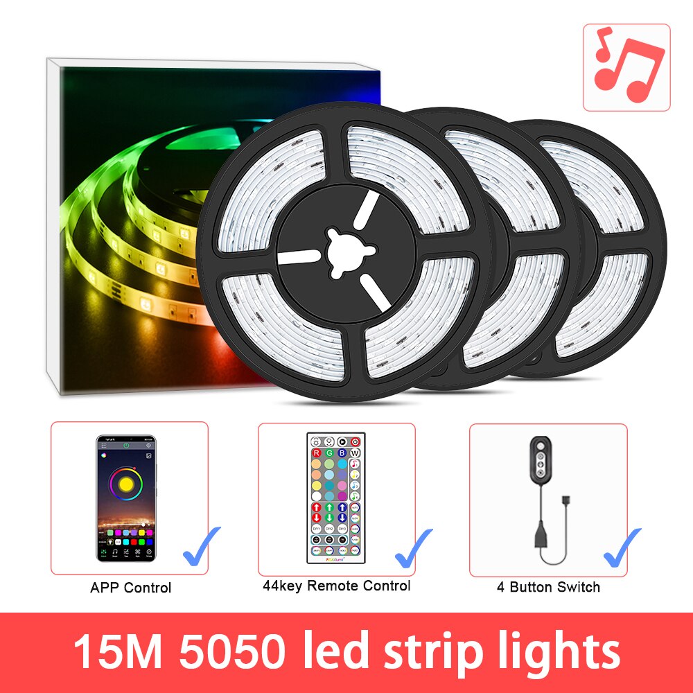 Colorrgb, led lys stripe, musikk synkronisert farge skiftende rgb 5050 , telefon app fjernkontroll , led lys tau 6m 12m 15m: 5050 musikk 15m / 30 lysdioder per m