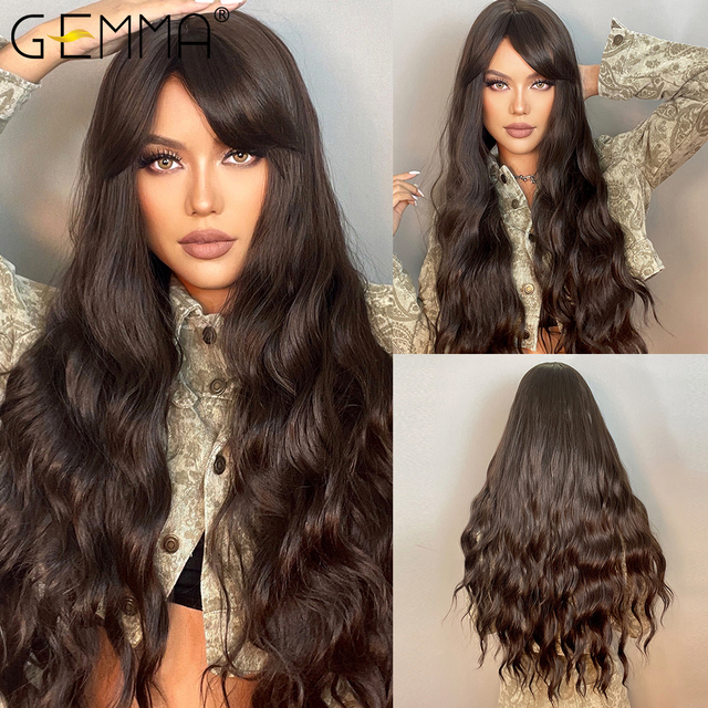 GEMMA Dark Brown Long Curly Synthetic Wig Deep Wave Cosplay Hair Wigs with Wavy Bangs for Women Daily Party Heat Resistant Fibre: P1B/613