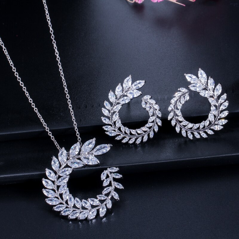 CWWZircons Women Costume Jewelry Sparkly Olive Branch Marquise Cut Cubic Zirconia Pendant Necklace and Earring Sets T087