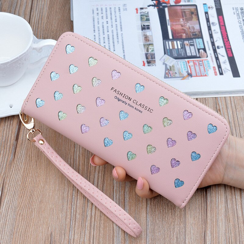 Women Wallet Pu Leather Long Love Heart Cute Purse for Phone High Capacity Card Holder Clutch Wallets Carteira Feminina: Pink