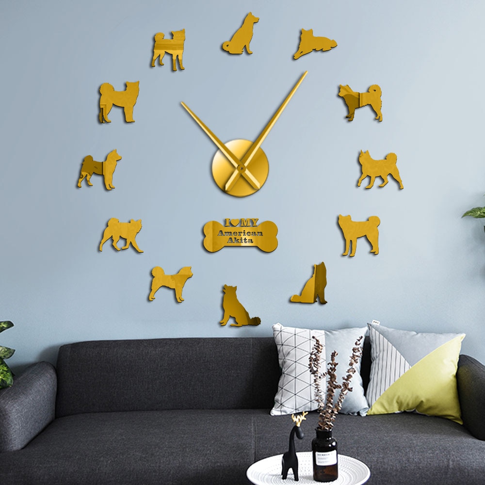 American Akita Dog Breed Wall Clock American Hakita Puppies Silhouette Wall Art Stickers Frameless DIY Large Clock Wall Watch