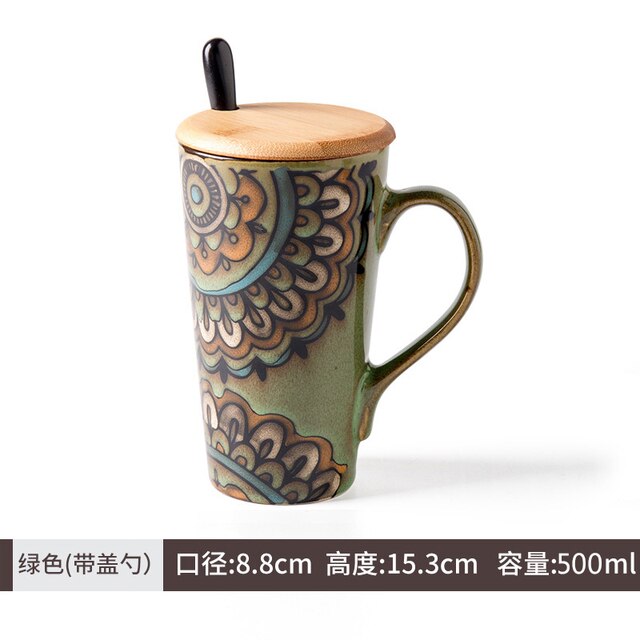 Ceramic Coffee Mug Retro Large-capacity Office Southeast Asia Water Cup Cups and Mugs with Lid Spoon Birthday CM25: 5