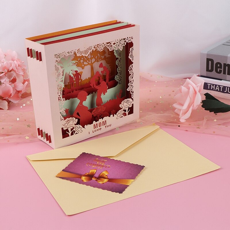Boîte Pop-Up en 3D sculptée, carte de vœux créative de fête des mères, carte postale faite à la main, cartes tendance