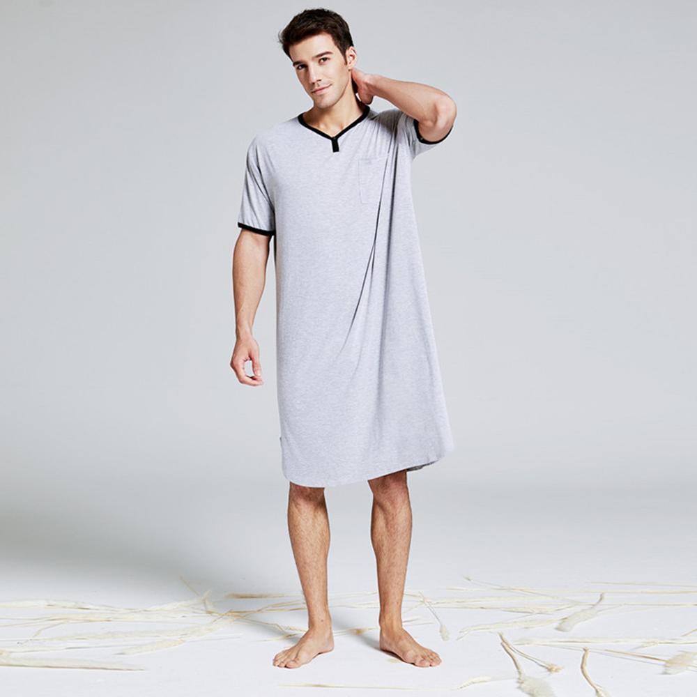 Summer Thin Sleep Tops Men Breathable Lengthened O-neck Soft Sleepwear Solid Color Short Sleeve Comfortable Home Service