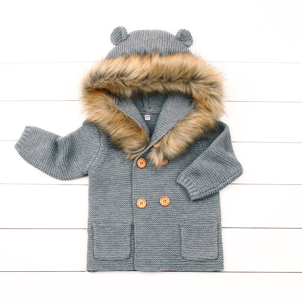 Babykleding kindertruien jongens capuchon bontkraag gebreide jas lange mouwen herfst- en winterjas babymeisje winterjas