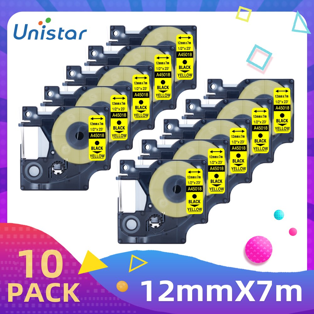 Unistar 10Pack A45018 czarny na żółtych taśmach kompatybilny z drukarka etykiet DYMO LabelManager 210D do wkładu D1 taśma z etykietami A43618: Black on Yellow 10P / 19mm