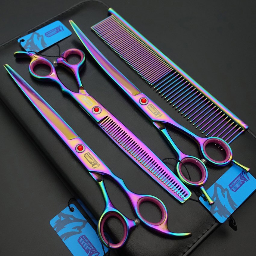Pet Grooming Scissors set,8"Straight +7.5"Thinning +8" Curved scissors+Grooming Steel Brush Comb sets+kits/case: Rainbow