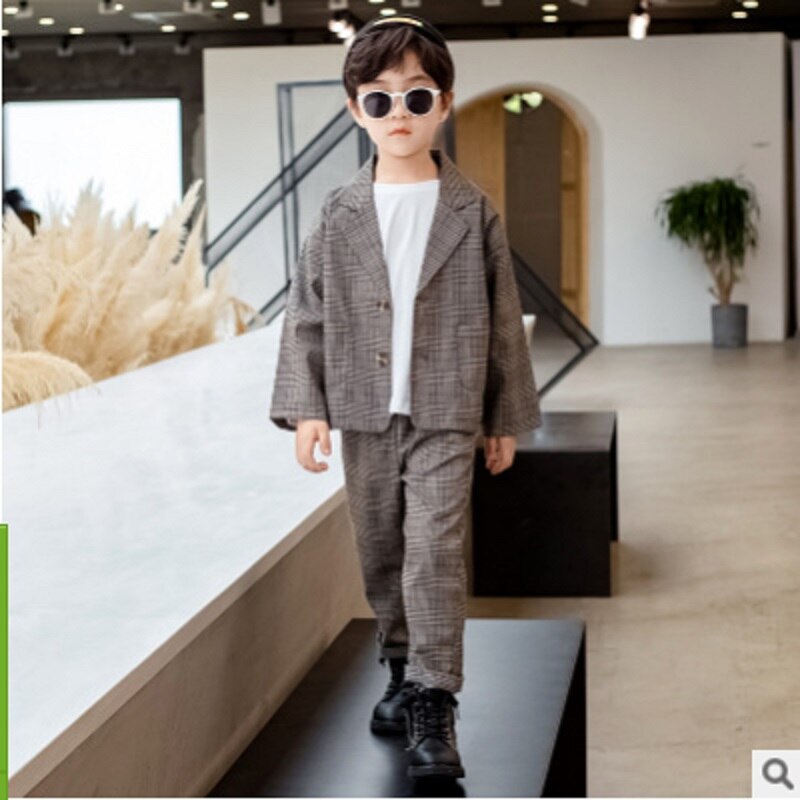 Pojkdräkter vår/höst pojkar 2- delade kostymer barns enkelknäppta plädfärger kostymset storlek 4-14 ly616