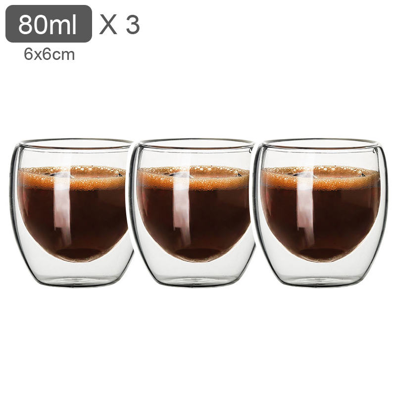 80ML Double Wall Glass Cup Transparent Handmade Heat Resistant Tea Drink Cups MINI Whisky Cup 100 centigrade Espresso Coffee Cup: 80ml x 3
