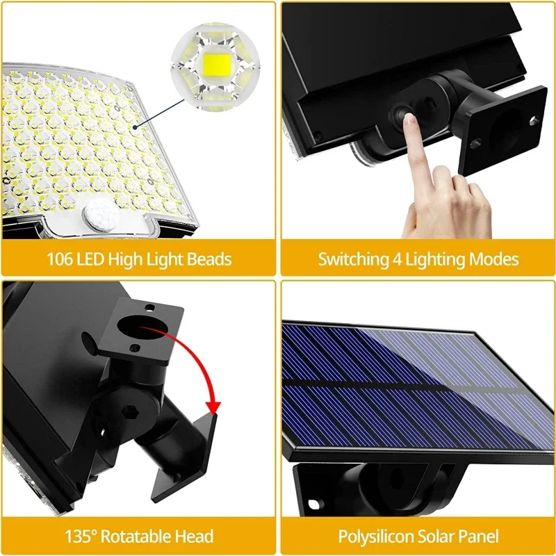 Luz de movimiento Solar de 106 LED, Panel separado para exteriores, luces de inundación solares, 4 modos de trabajo para luces de pared impermeables para jardín y garaje