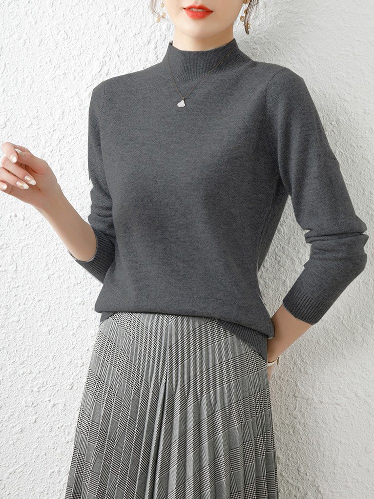 Outono inverno blusas inferiores moda feminina chique gola alta pulôver fino manga longa malha jumpers macio quente pull femme topo