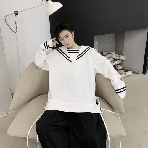 Men Preppy Style Big Collar Retro Casual Pullover Hoodie Streetstyle Male Women Couple Sea-striped Shirt Sweatshirt: H209 white / L