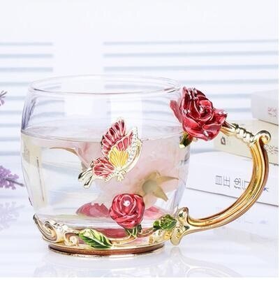 Rose Blossom En Strass Versierd Emaille Koffie Cup Beker Bloem Thee Glas Melk Cups Legering Handgreep Kopjes En Mokken: A