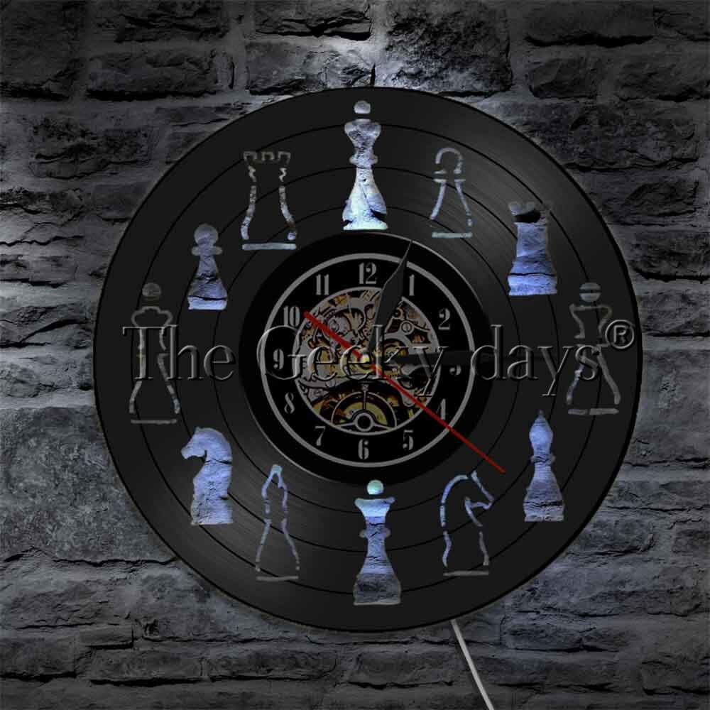 Schach Stück Wanduhr Kreative Schach Club Vinyl Record Wanduhr Vintage Wand Kunst Wand Uhr Decor Chessman Schach Liebhaber: 12 Inch With LED