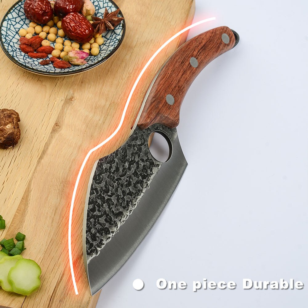 2PCS Chopping Knife Set Leather Cover Sheath Hollow Blade Stainless Steel Cleaver Butcher Bone Deboning Slicer Chopper